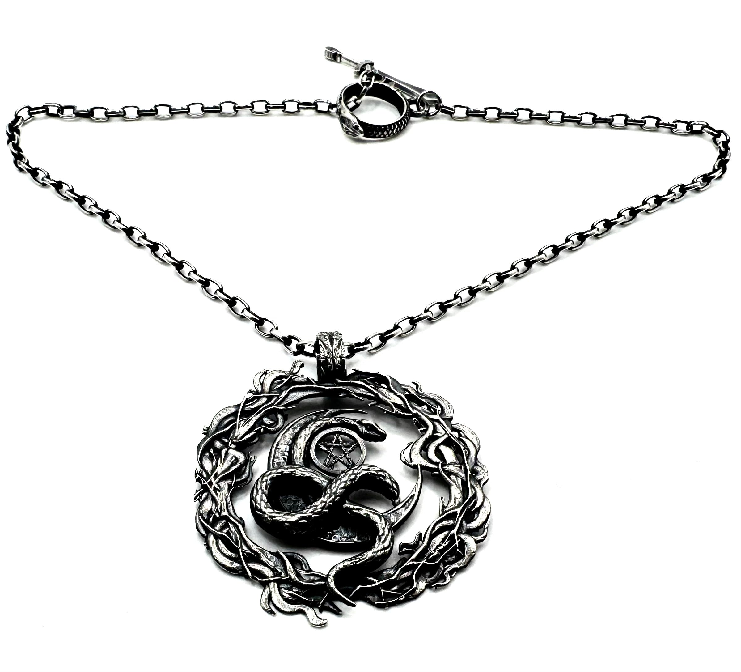 The Eternal Coil Sterling Silver 3.2 mm Rolo Chain With Snake Ouroboros Athame Toggle Clasp