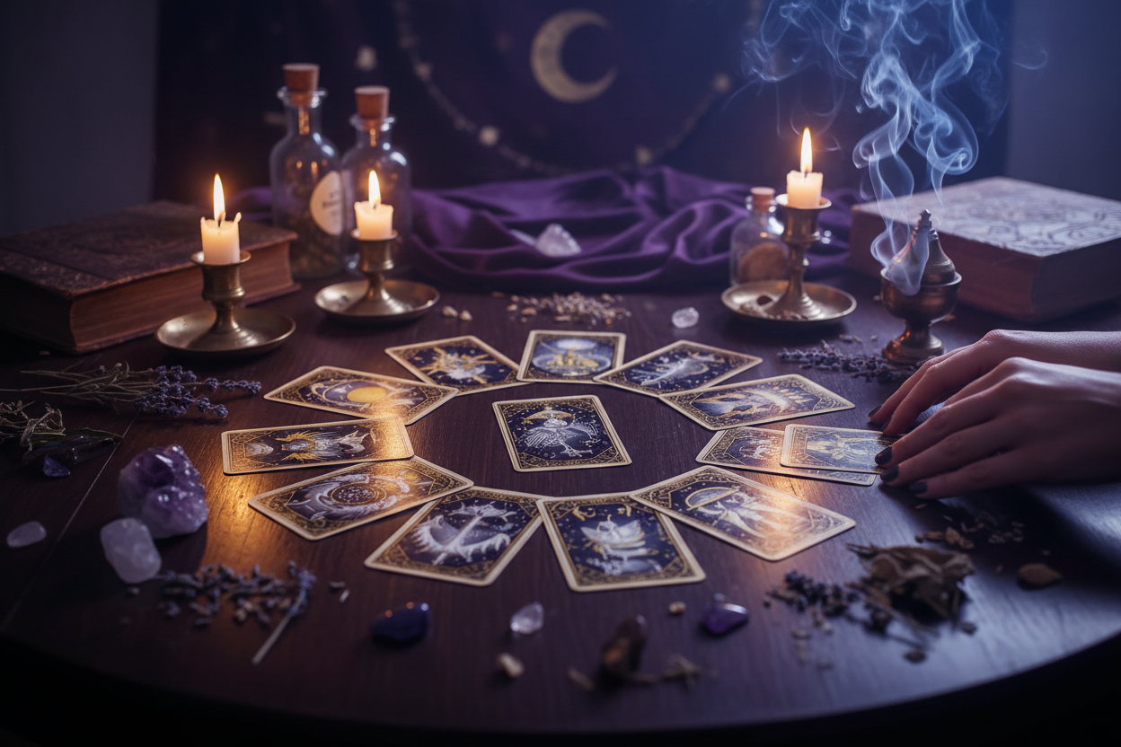 Tarot cards being arranged on a table